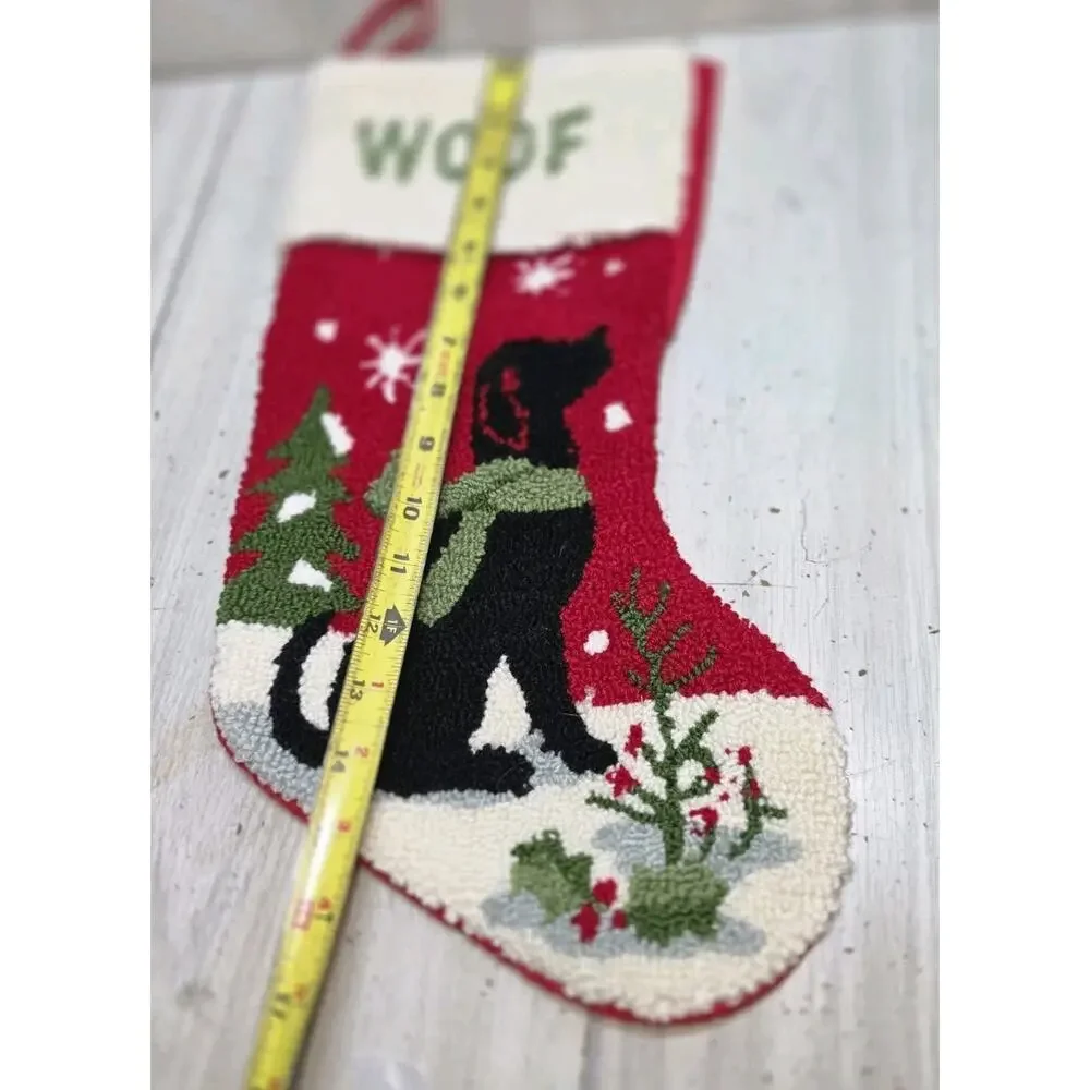 Vintage Dog Latch Hook Woof Christmas Stocking Black Lab Winter Scene Holiday